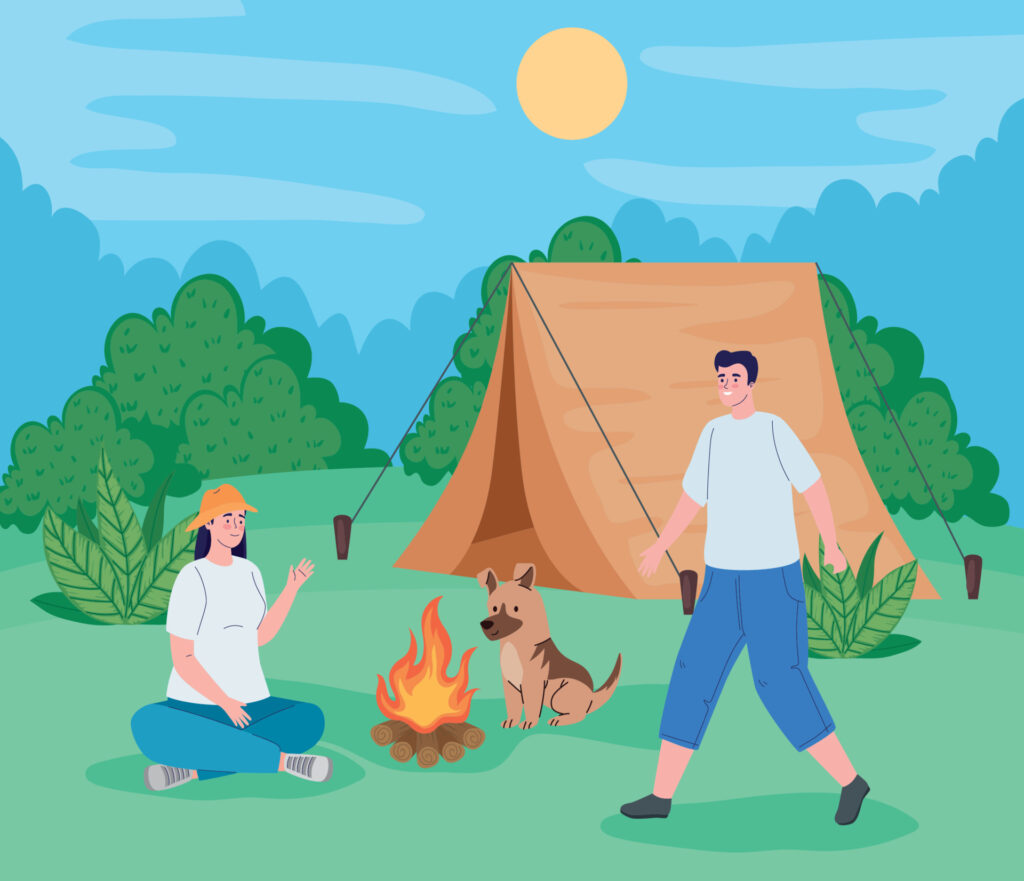 キャンプする人と犬